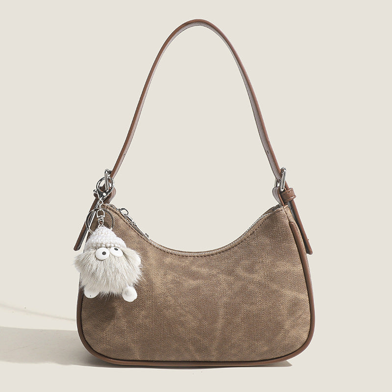 Kadın Çanta | Vintage Kumaş Tasarım Omuz Çantası | Deri Detaylı, Peluş Anahtarlıklı Model